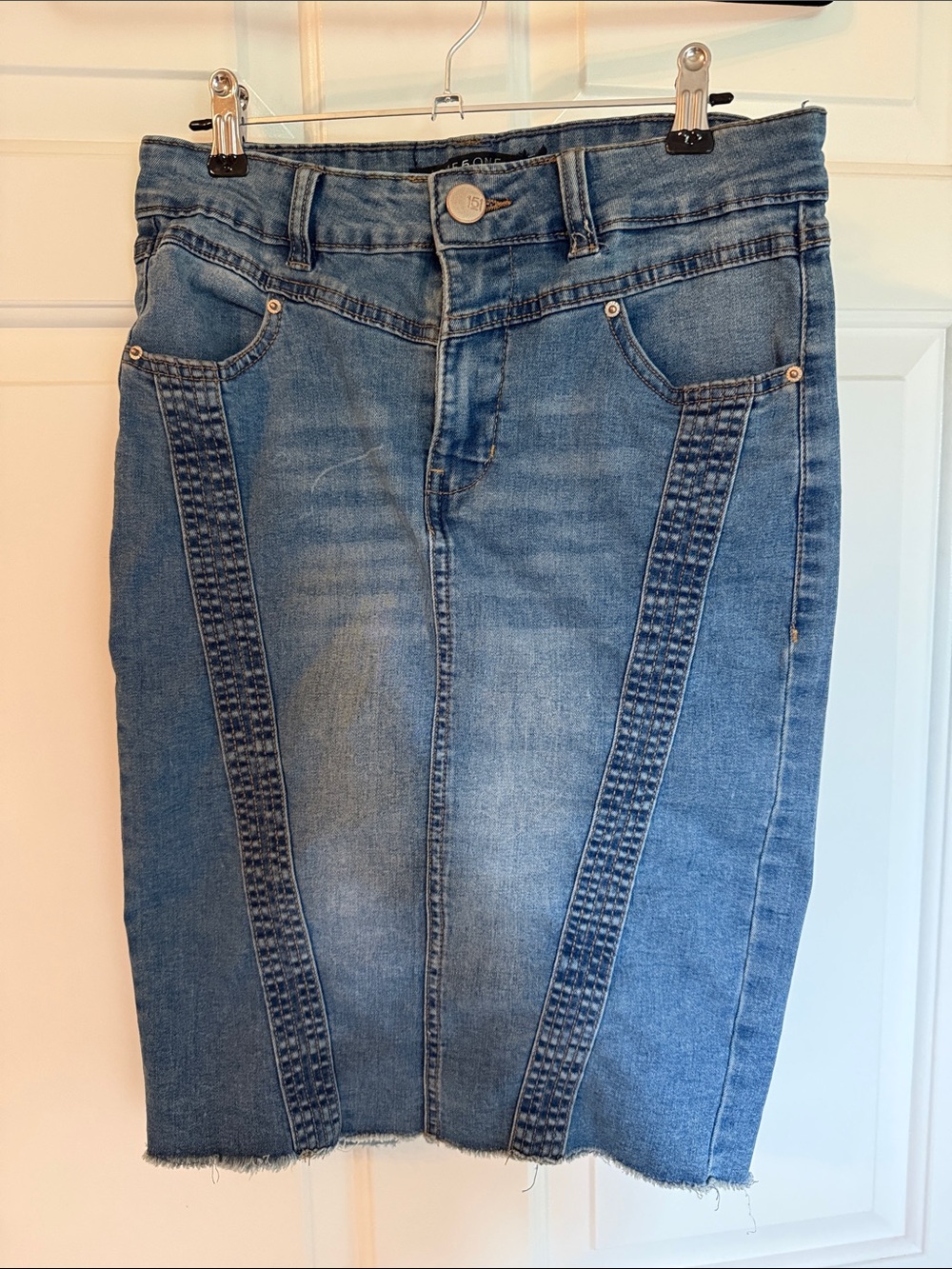 one 5 one Vintage Blue Denim Pencil Skirt with Vertical Panel Stitching